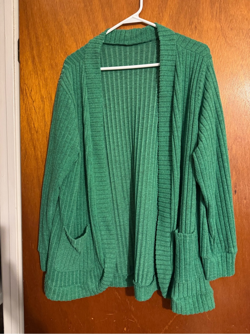 Cozy Open-Front Green Ribbed Women's Cardigan Sweater